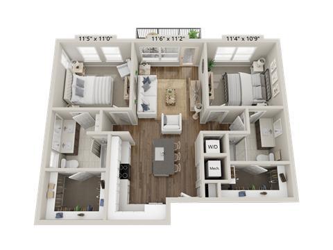 Floor plan for 2 beds, 2 baths, 970 sqft